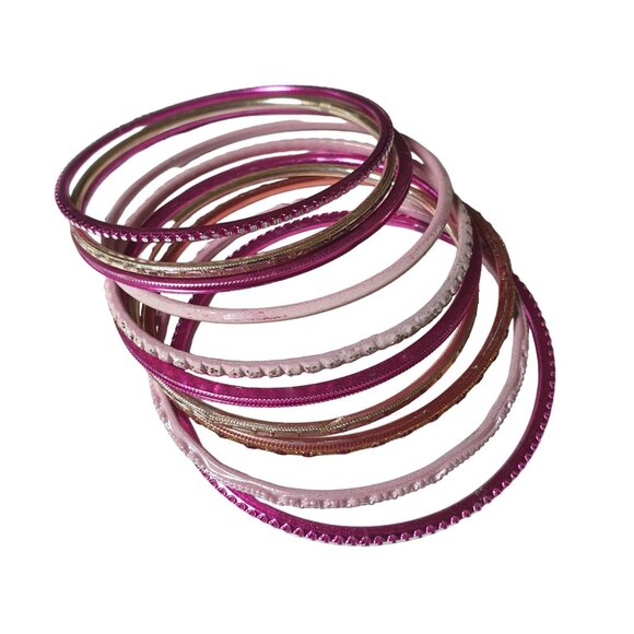 Etched Pink Fuchsia Metal Bangle Bracelets Set of 10 Fashion Costume Barbie Core - Picture 2 of 6